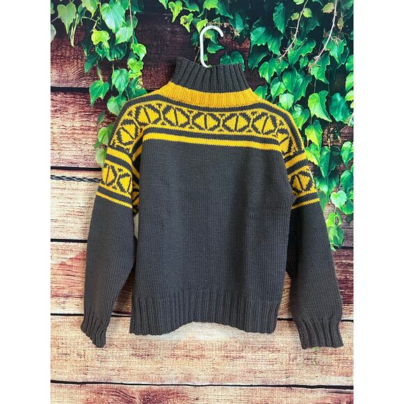 Chunky Knit Ski Sweater Turtleneck Fair Isle Turtleneck Wool Gray Yellow Women L - Picture 3 of 4